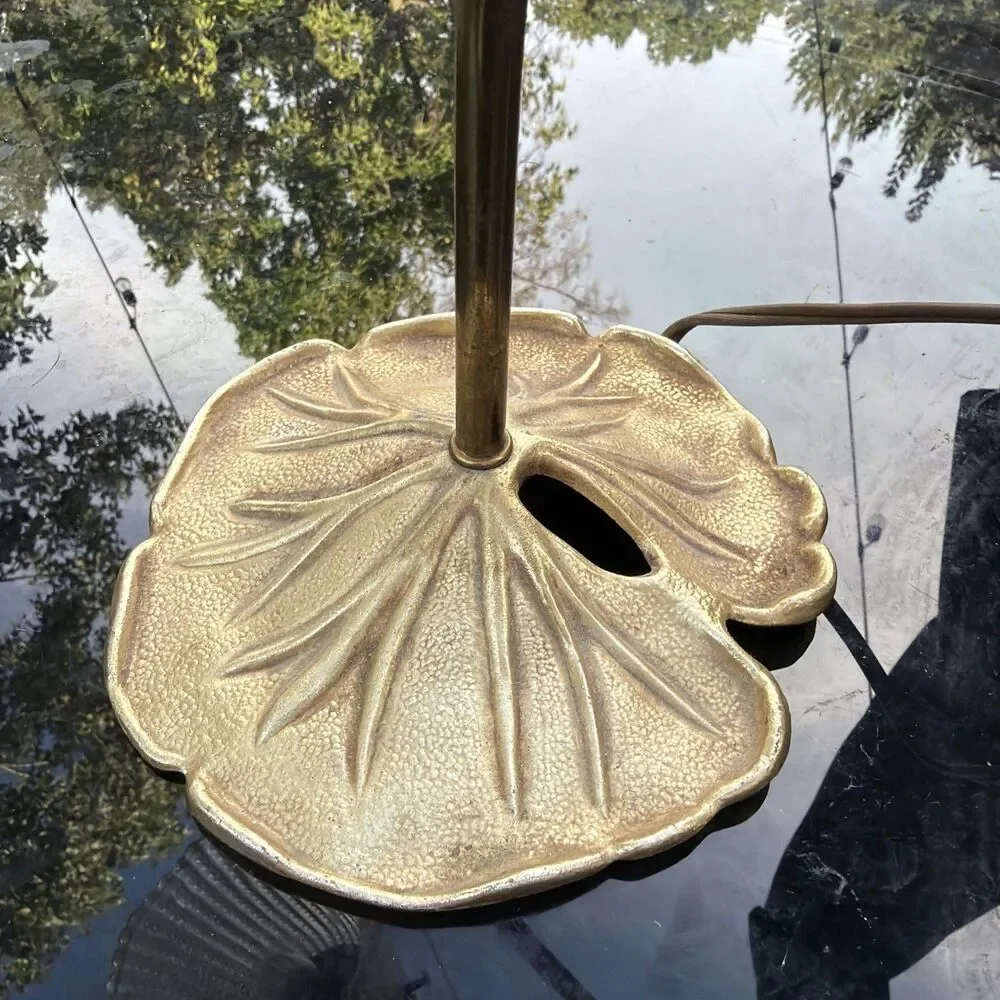 Vintage Lily Pad Brass Gooseneck Table Lamp with Scalloped Shade - Tested! Great